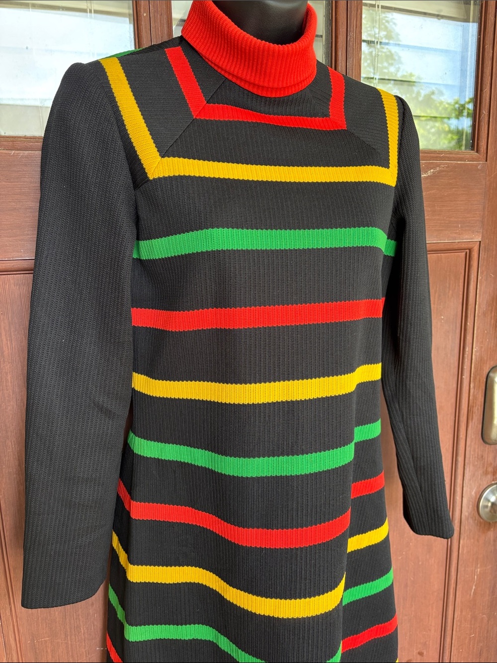 Vintage 70s Black Turtleneck Knit Dress with Red, Yellow & Green Stripes
